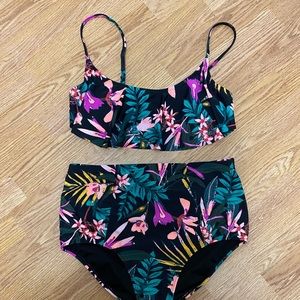2 piece swim suit set - black floral pattern